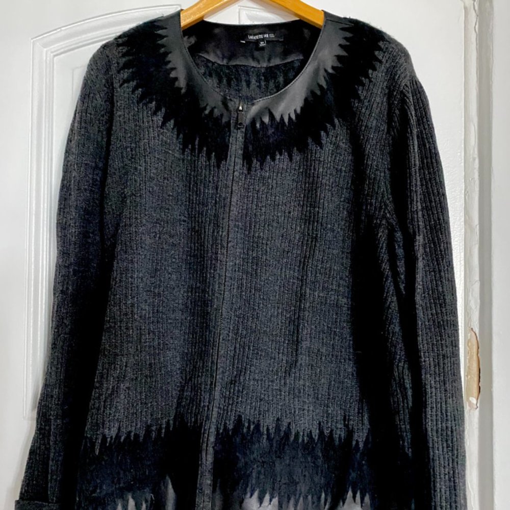 Lafayette148 New York Gray/Black wool & Leathe Accents Zip Cardigan  2X